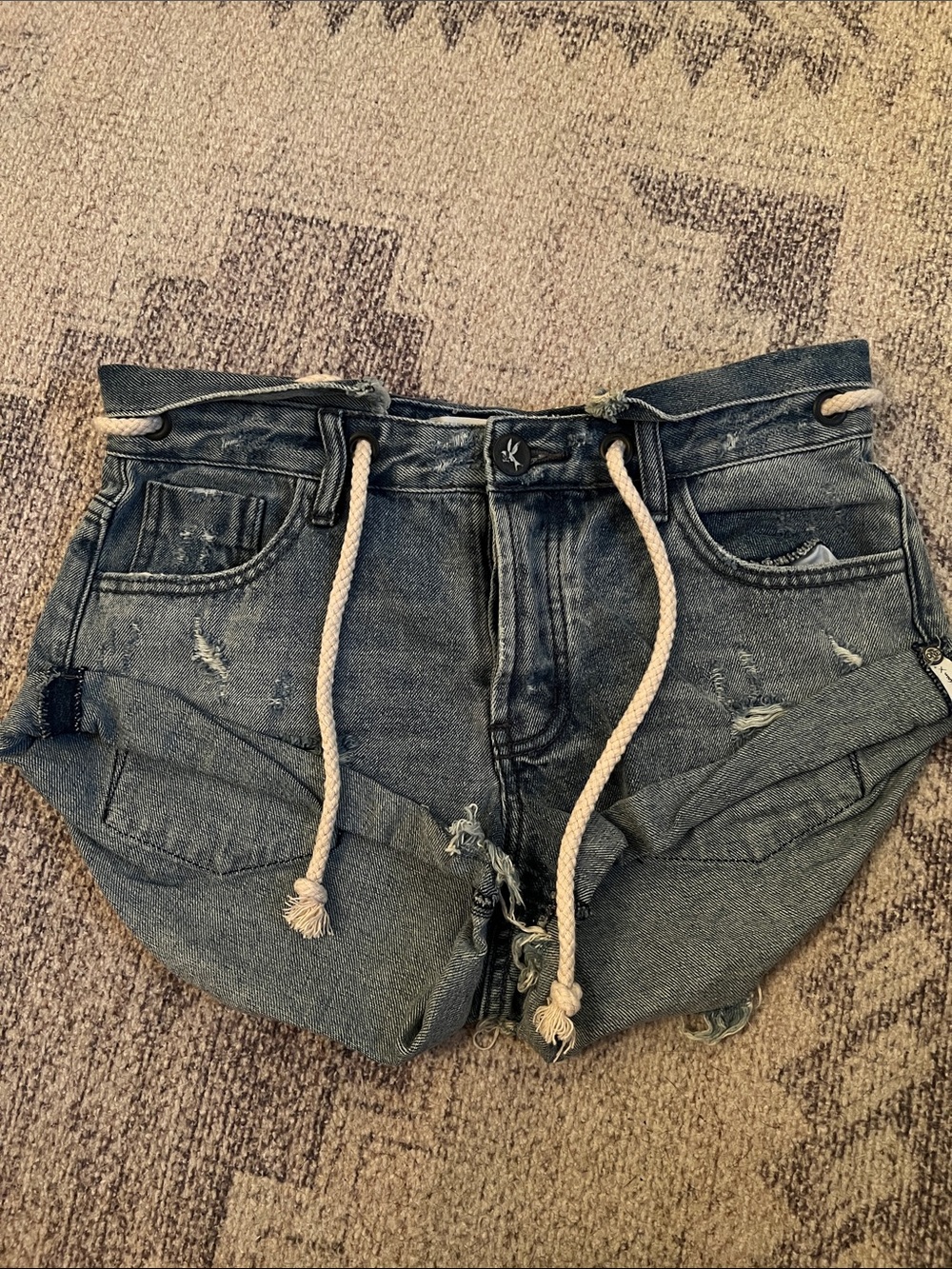 One Teaspoon Distressed Dark Blue Denim Jean Shorts with Rope Drawstring